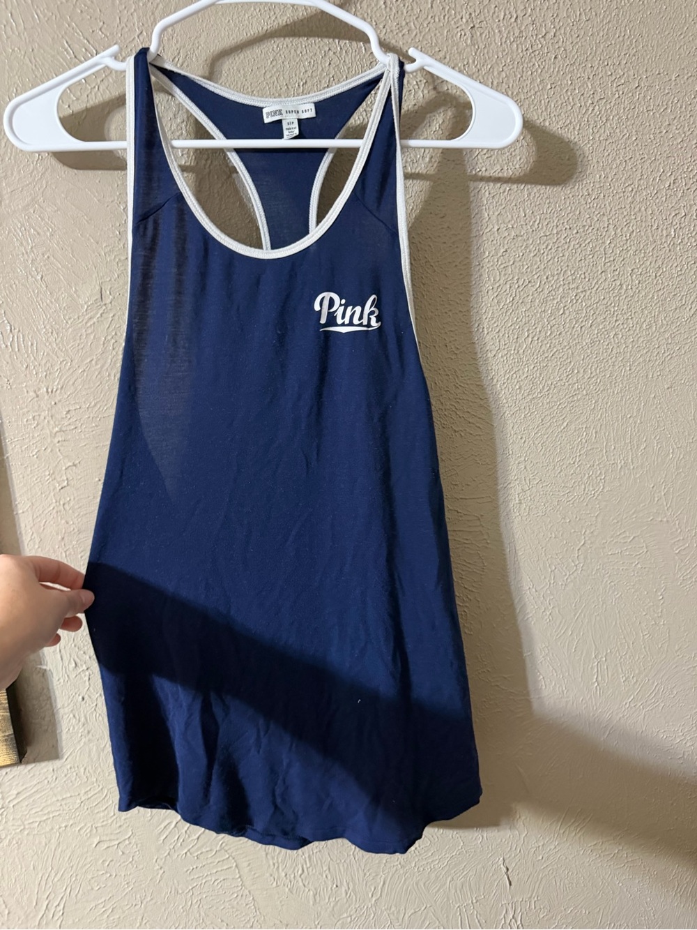 PINK Victoria's Secret Super Soft Racerback Tank Top‎ Navy Blue White Trim Small
